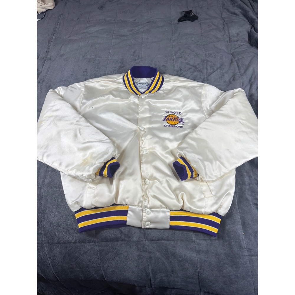 Vintage Swingster LA Lakers 1987 World Champions Satin Jacket Mens Large Cream